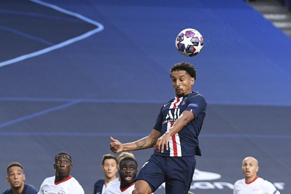 PSG&#039;s Marquinhos scores his side&#039;s first goal during the Champions League semifinal soccer match between RB Leipzig and Paris Saint-Germain at the Luz stadium in Lisbon, Portugal, Tuesday, A ...