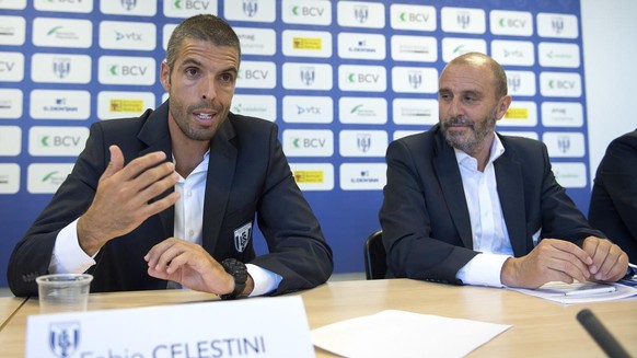 L&#039;entraineur Fabio Celestini, gauche, et le president Alain Joseph, droite, s&#039;expriment lors d&#039;une conference de presse au debut de la saison 2016-2017 de football de la Super League du ...