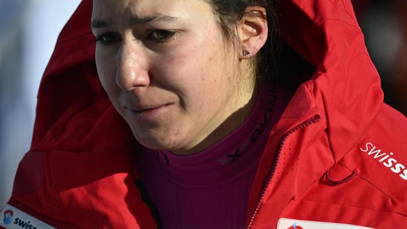 epa09014393 Wendy Holdener of Switzerland reacts in the finish area during the Slalom portion of the Women&#039;s Alpine Combined competition at the FIS Alpine Skiing World Championships in Cortina d& ...