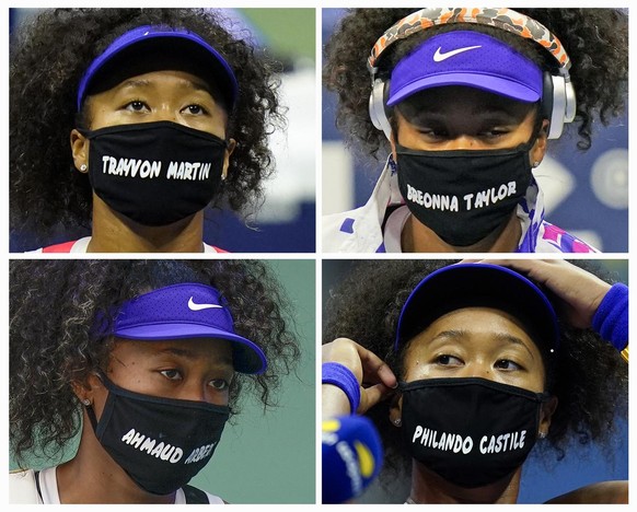 FILE- In this combo of 2020 file photos, Naomi Osaka, of Japan, wears face masks bearing the names of Black victims of police violence and racial profiling during the U.S. Open tennis tournament in Ne ...