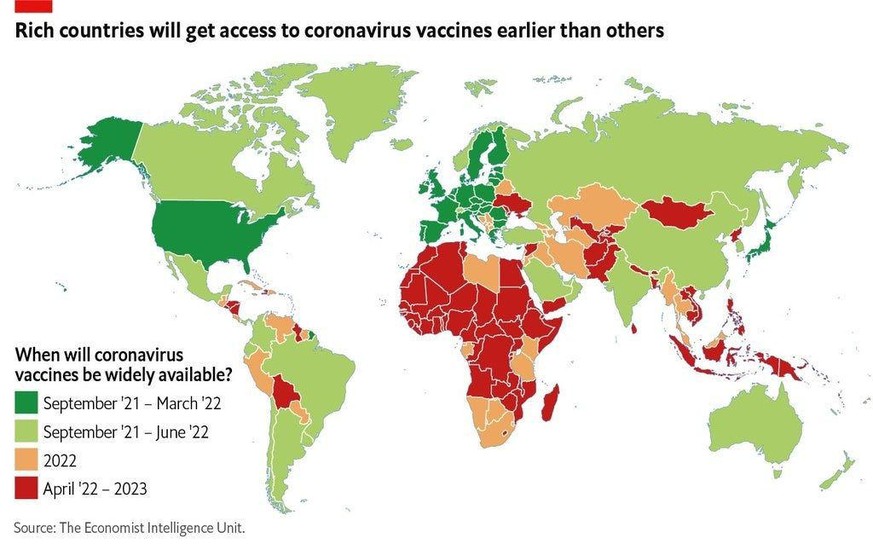 Cette carte de The Economist montre depuis quand les pays vaccinent leur population. Vert foncé pour les premier, plus clair et enfin les autres dès l'an prochain.