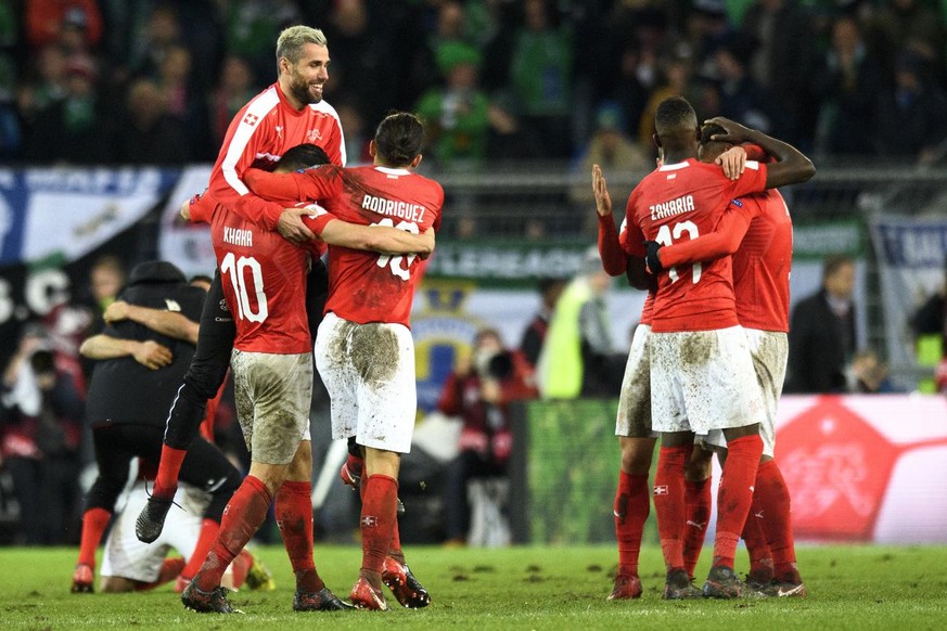Switzerland&#039;s national team soccer players celebrate their qualifying for the 2018 FIFA World Cup Russia after beating Northern Ireland, during the 2018 Fifa World Cup play-offs second leg soccer ...
