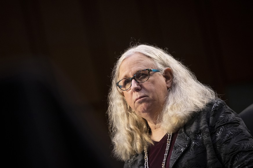 FILE - In this Feb. 25, 2021, file photo, Rachel Levine, nominated to be an assistant secretary at the Department of Health and Human Services, testifies before the Senate Health, Education, Labor, an ...