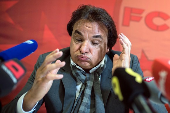 FC Sion soccer team president Christian Constantin speaks during a press conference the day after he physically attacked Rolf Fringer, in Martigny, Switzerland, Friday, September 22, 2017. The Swiss c ...