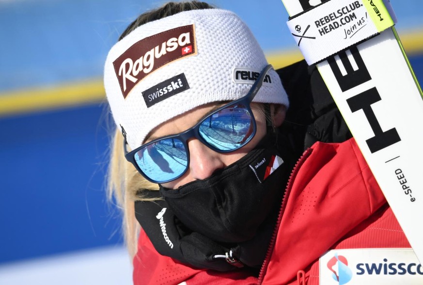 epa09003719 Lara Gut-Behrami of Switzerland reacts in the finish area during the Women&#039;s Super G race at the Alpine Skiing World Championships in Cortina d&#039;Ampezzo, Italy, 11 February 2021.  ...