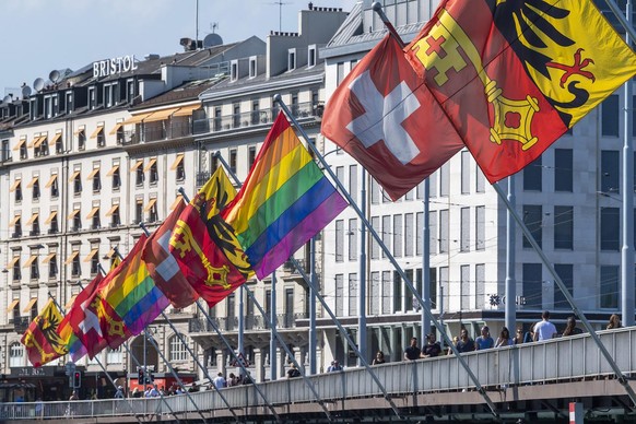 Flags photographed during the Pride March LGBTQ + Pride (Lesbian, Gay, Bi, Trans and more), in Geneva, Switzerland, Saturday, July 06, 2019. (KEYSTONE/Martial Trezzini)