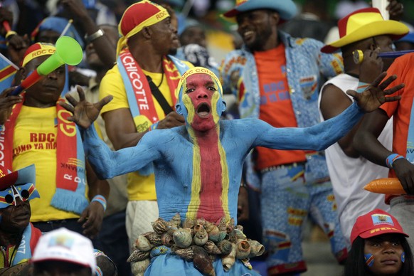 A Congo supporter chants ahead of the African Cup of Nations Group C soccer match between Congo and Morocco at the Stade de Oyem in Gabon Monday Jan. 16, 2017. (AP Photo/Sunday Alamba)