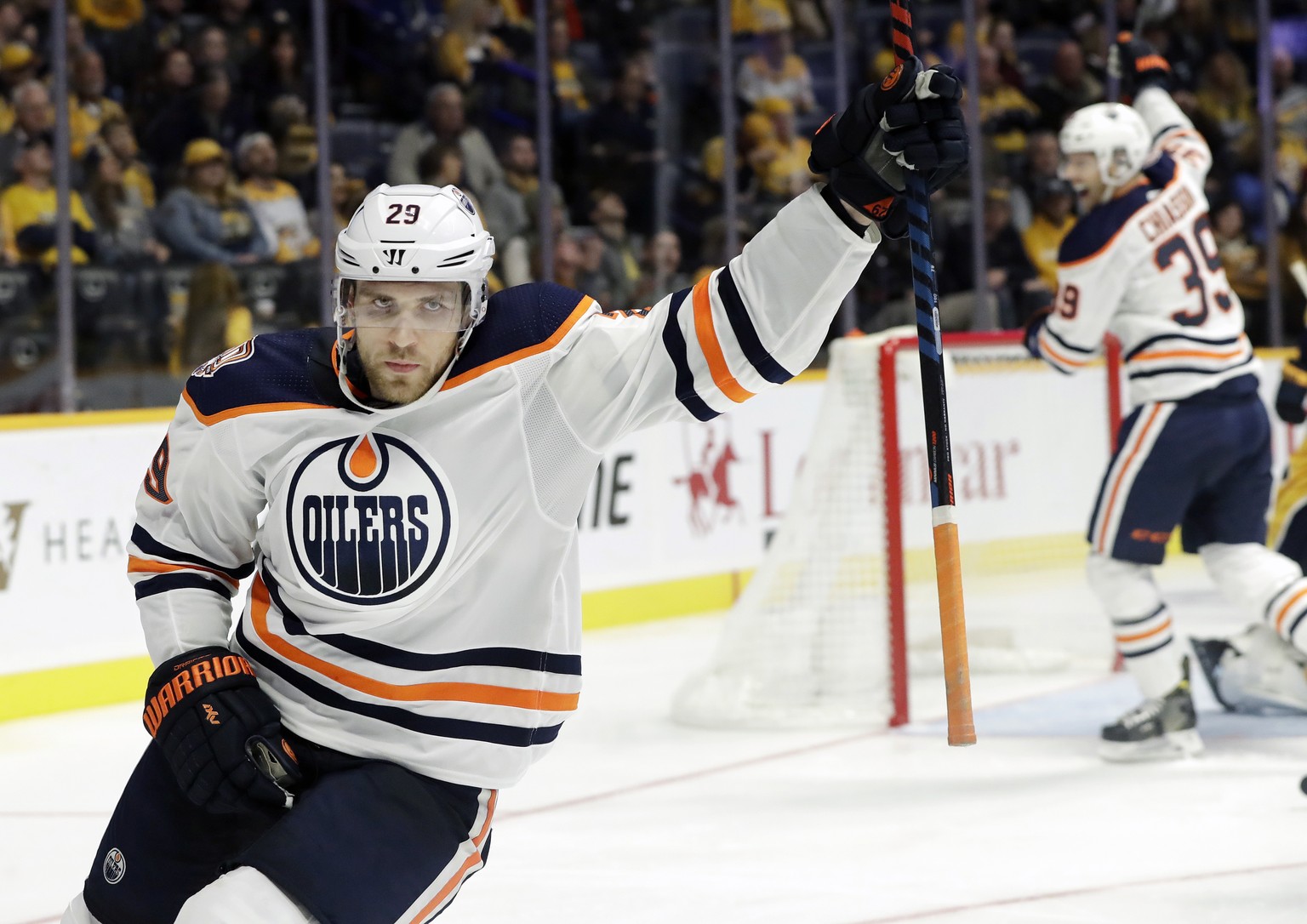 Edmonton Oilers center Leon Draisaitl (29), of Germany, celebrates after scoring a goal against the Nashville Predators in the third period of an NHL hockey game Saturday, Oct. 27, 2018, in Nashville, ...