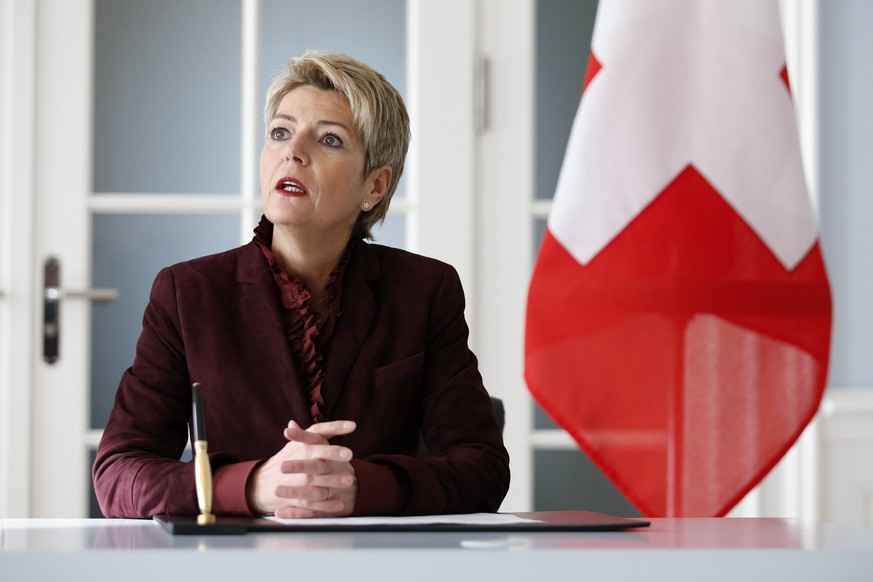 Swiss Federal Councillor Karin Keller-Sutter speaks before signing a bilateral contract concerning criminal cases with Yasonna Laoly, Indonesian Minister of Law and Human Rights (not pictured) Monday, ...