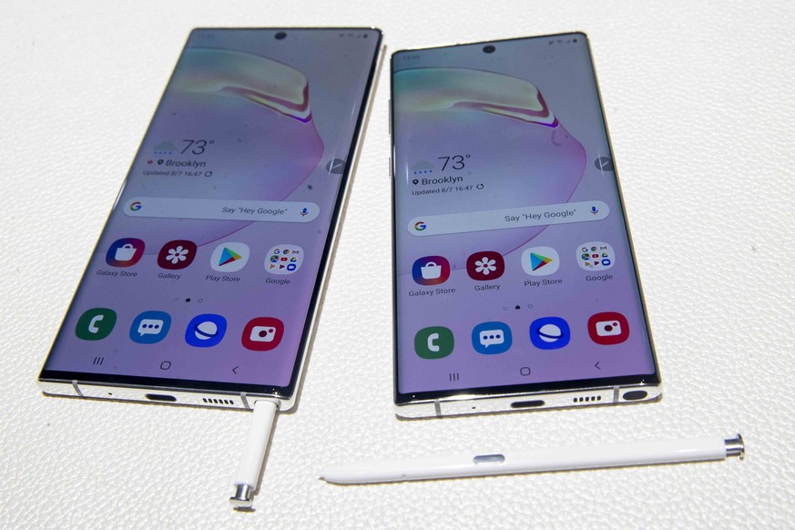 The Samsung Galaxy Note 10, right, and the Galaxy Note 10 Plus are on display during an event to launch the Samsung Galaxy Note 10, Wednesday, Aug. 7, 2019, in New York. (AP Photo/Mary Altaffer)