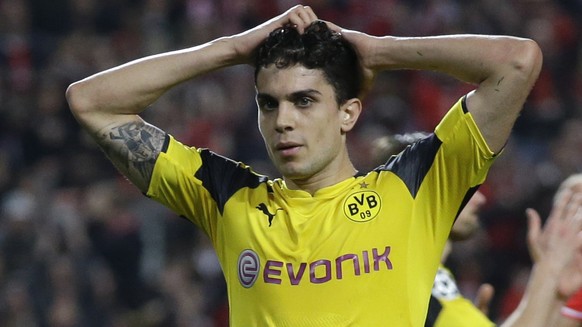 FILE - In this Feb. 14, 2017 file photo, Dortmund&#039;s Marc Bartra reacts during the Champions League round of 16, first leg, soccer match between Benfica and Borussia Dortmund in Lisbon. Marc Bartr ...