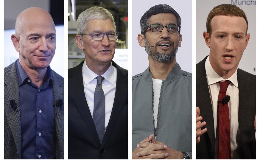 This combination of 2019-2020 photos shows Amazon CEO Jeff Bezos, Apple CEO Tim Cook, Google CEO Sundar Pichai and Facebook CEO Mark Zuckerberg. On Wednesday, July 29, 2020, the four Big Tech leaders  ...