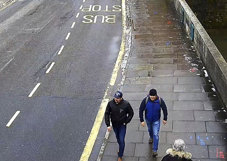 FILE - In this file grab taken from CCTV and issued by the Metropolitan Police in London on Wednesday Sept. 5, 2018, shows men identified as Ruslan Boshirov and Alexander Petrov walking on Fisherton R ...