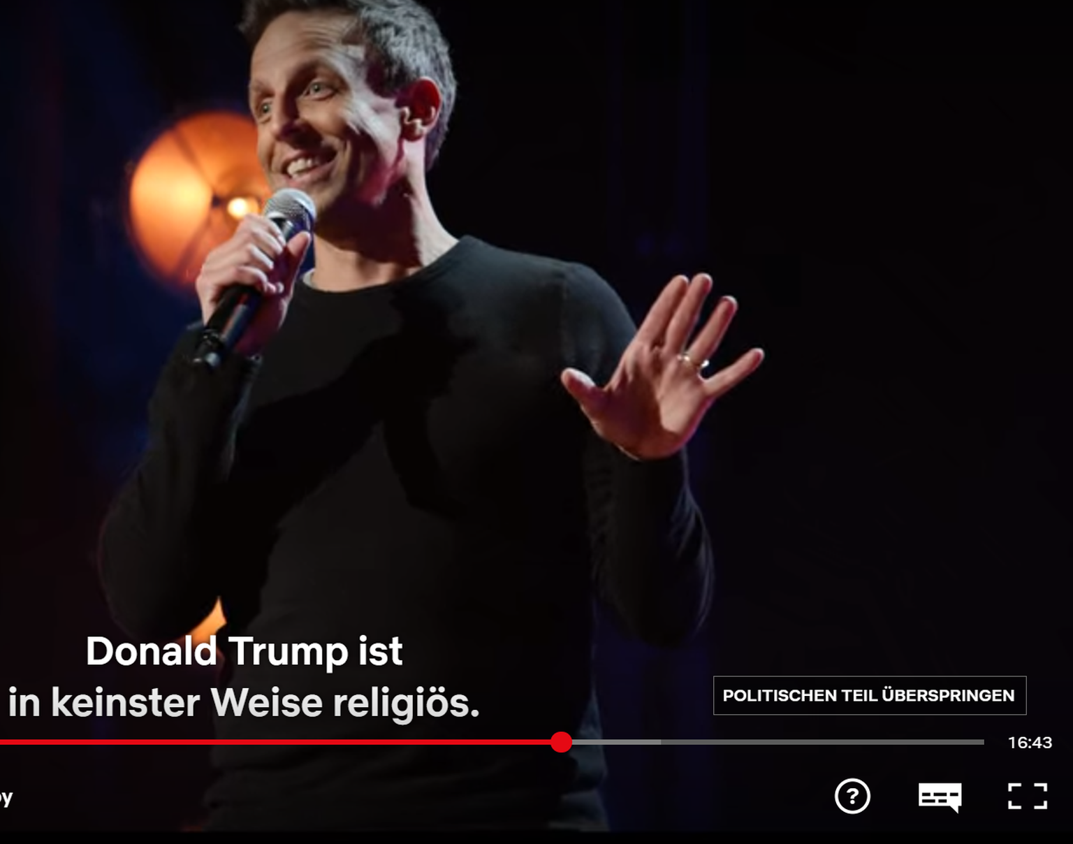 Mit dem neuen Button «Politischen Teil überspringen» kann man die Trump-Witze in der Comedy-Show «Lobby Baby» skippen.