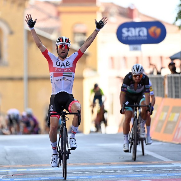 Italy&#039;s Diego Ulissi celebrates winning the second stage of the Giro d&#039;Italia cycling race, from Alcamo to Agrigento, in Sicily, southern Italy, Sunday, Oct. 4, 2020. (Gian Mattia D&#039;Alb ...