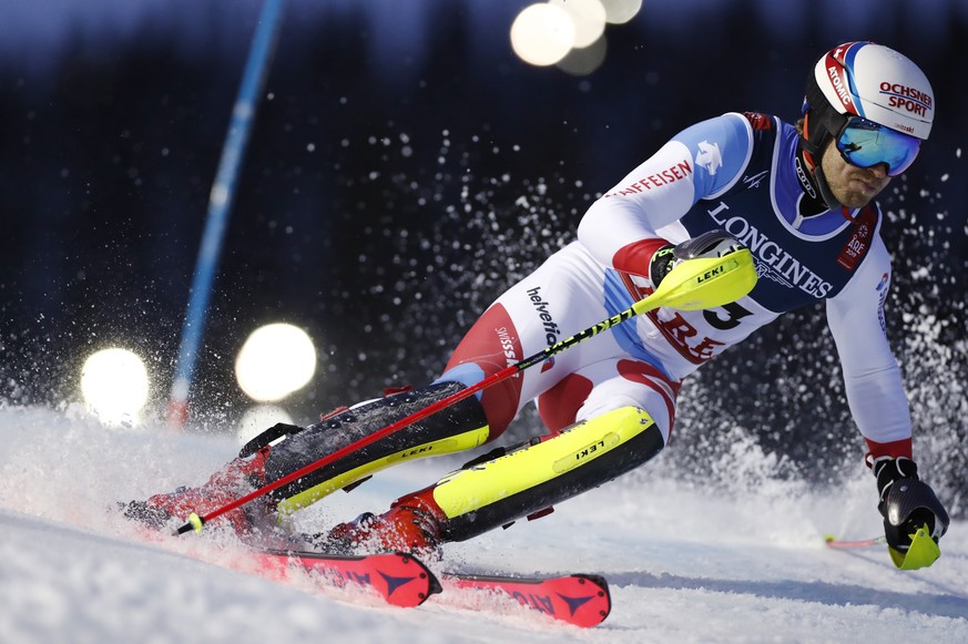 Switzerland&#039;s Mauro Caviezel speeds down the course during the slalom portion of the men&#039;s combined competition, at the alpine ski World Championships in Are, Sweden, Monday, Feb. 11, 2019.  ...