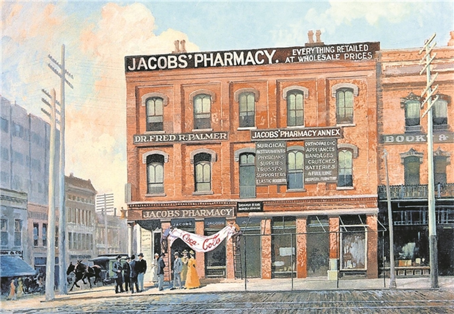 1886: In dieser Apotheke wird Coca-Cola von John Stith Pemberton erfunden. Der Pharmazeut braut einen Sirup aus Kokablättern und reichert ihn mit Soda an. Zwei Jahre später verkauft er die Marke Coca- ...