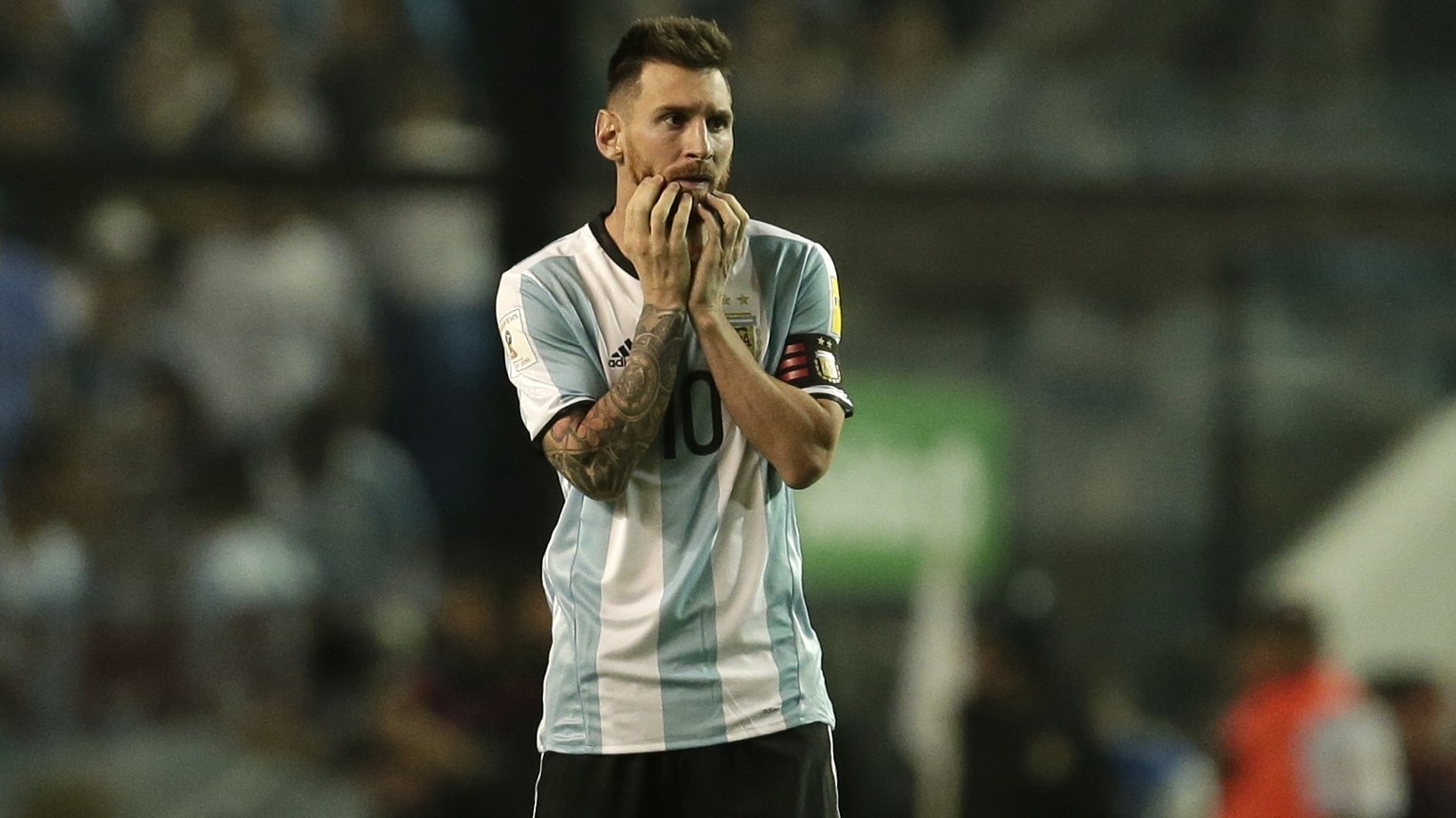 Argentina&#039;s Lionel Messi walks on the pitch in disbelief after a World Cup qualifying soccer match against Peru, at La Bombonera stadium in Buenos Aires, Argentina, Thursday, Oct. 5, 2017. Argent ...
