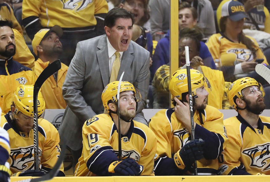 FILE - In this April 30, 2017 file photo, Nashville Predators head coach Peter Laviolette argues a call during the first period in Game 3 of a second-round NHL hockey playoff series against the St. Lo ...