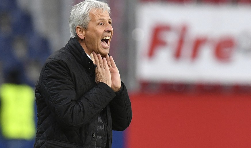 FILE - In this Thursday, Oct 20, 2016 file photo, Nice head coach Lucien Favre shouts to his players during the Europa League group I soccer match between FC Salzburg and Nice in the Arena in Salzburg ...