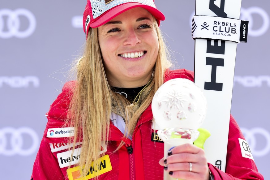 Switzerland&#039;s Lara Gut-Behrami poses after finishing third in a alpine ski, women&#039;s World Cup super-G, in Bansko, Bulgaria, Sunday, Jan. 26, 2020. (AP Photo/Pier Marco Tacca)