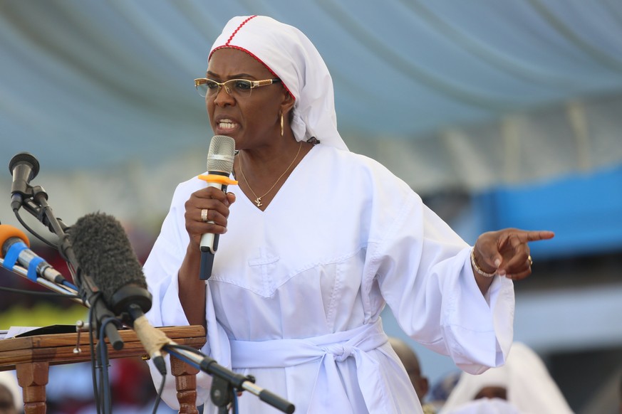 epa06310345 Zimbabwe First Lady Grace Mugabe addresses a church interface rally at Rufaro Stadium in Harare, Zimbabwe, 05 November 2017. The rally which was composed mainly by the apostolic sect was a ...