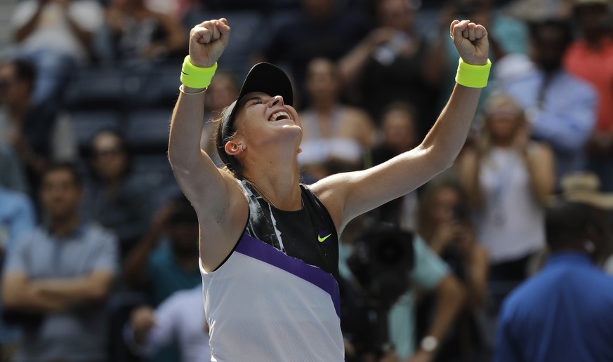 Belinda Bencic, of Switzerland, celebrates after defeating Donna Vekic, of Croatia, during the quarterfinals of the U.S. Open tennis championships Wednesday, Sept. 4, 2019, in New York. (AP Photo/Fran ...
