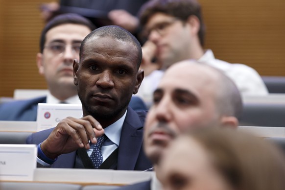 Eric Abidal, Sporting Director of FC Barcelona, attends the drawing of the matches for the Champions League 2018/19 quarter-finals at the UEFA headquarters in Nyon, Switzerland, Friday, March 15, 2019 ...