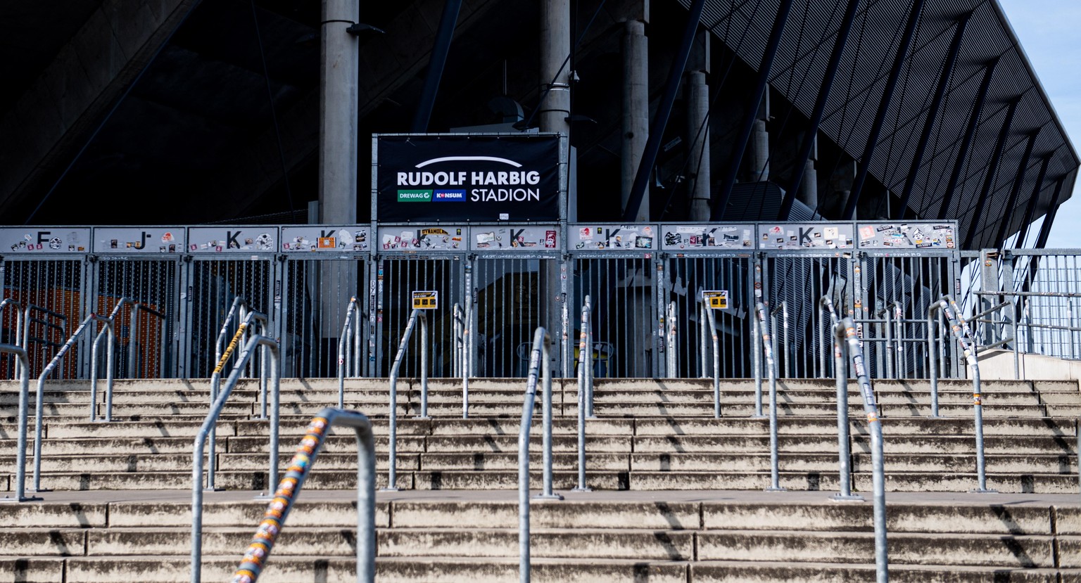 epa08412454 (FILE) - Empty entrance gates at the Rudolf Harbig Stadion, stadium of German second Bundesliga side Dynamo Dresden in Dresden, Germany, 16 March 2020. Second division club Dynamo Dresden  ...