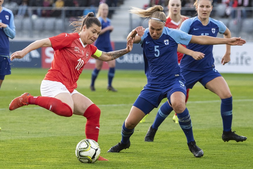 epa07487164 Switzerland&#039;s Ramona Bachmann (L) in action against Finland&#039;s Emma Koivisto during the Women&#039;s friendly soccer match between Switzerland and Finland at the Tissot Arena in B ...