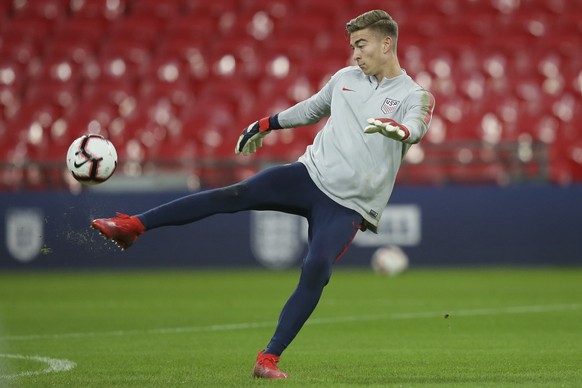 United States national soccer team player Jonathan Klinsmann kicks the ball during a training session at Wembley Stadium in London, Wednesday, Nov. 14, 2018. The United States play England in an inter ...