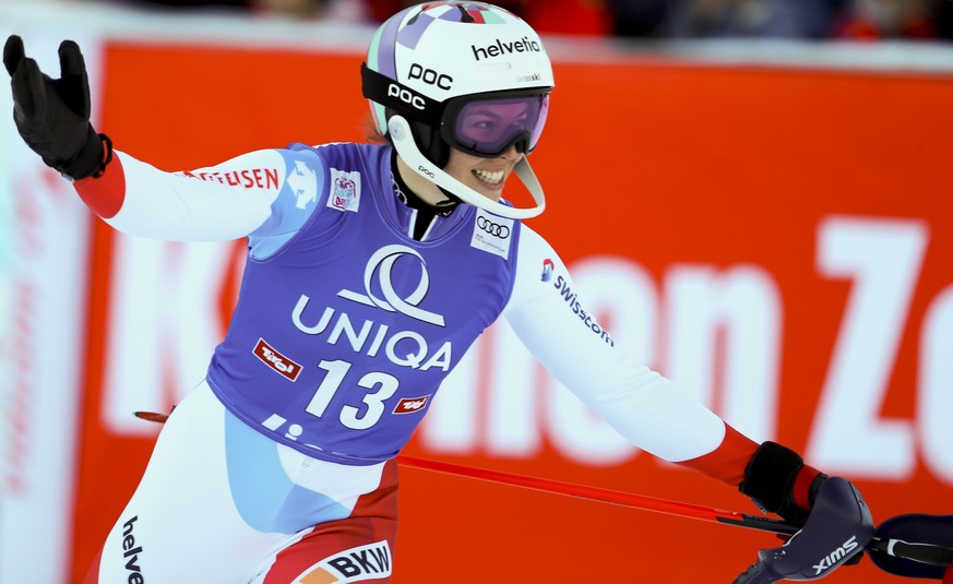Switzerland&#039;s Michelle Gisin reacts after completing an alpine ski, women&#039;s World Cup slalom, in Lienz, Austria, Sunday Dec. 29, 2019. (AP Photo/Marco Trovati)