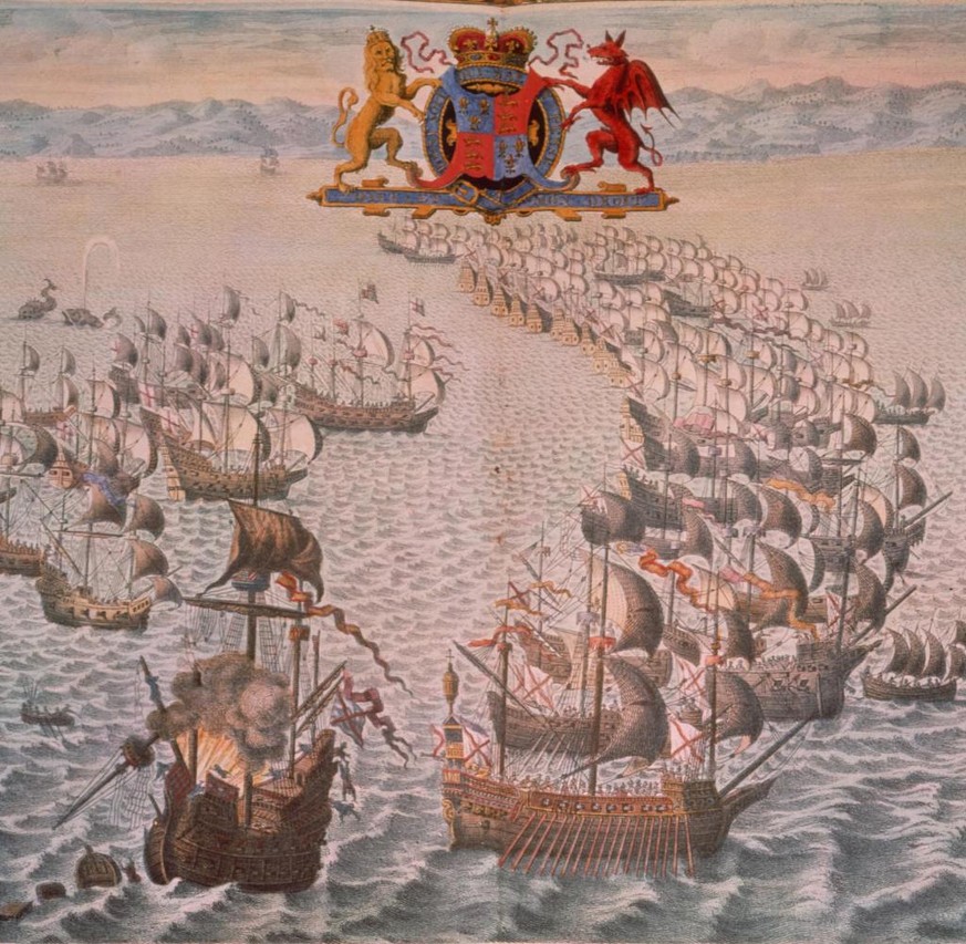 English naval victory over the Spanish Armada in the Channel, July 1588.
The meeting of the English and Spanish fleets, left and right respectively.
Copperplate engraving, coloured, 1739,
by John Pine ...