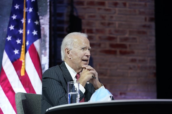 President-elect Joe Biden participates in a meeting with the National Governors Association&#039;s executive committee at The Queen theater, Thursday, Nov. 19, 2020, in Wilmington, Del. (AP Photo/Andr ...