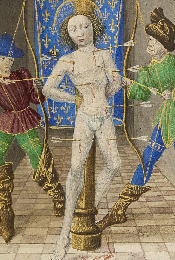 The Martyrdom of Saint Sebastian; Master of Jacques of Luxembourg, French, active about 1460 - 1470; France, Northern France, Europe; about 1466 - 1470; Tempera colors, gold leaf, silver leaf, and ink ...