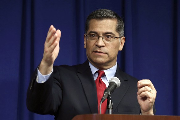 FILE - In this March 5, 2019, file photo, California Attorney General Xavier Becerra speaks during a news conference in Sacramento, Calif. President-elect Joe Biden has picked Becerra to be his health ...