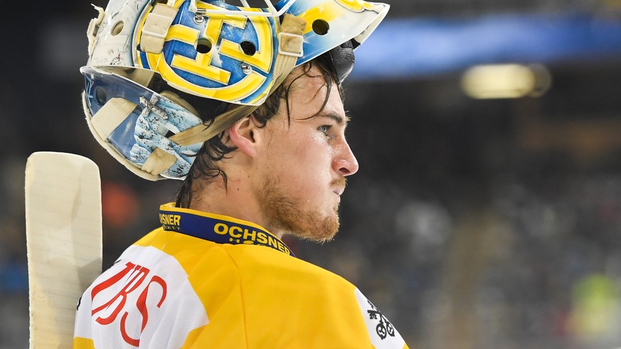 Davos&#039; goalkeeper Gilles Senn looks on during the game between Thomas Sabo Ice Tigers and HC Davos, at the 92th Spengler Cup ice hockey tournament in Davos, Switzerland, Thursday, December 27, 20 ...