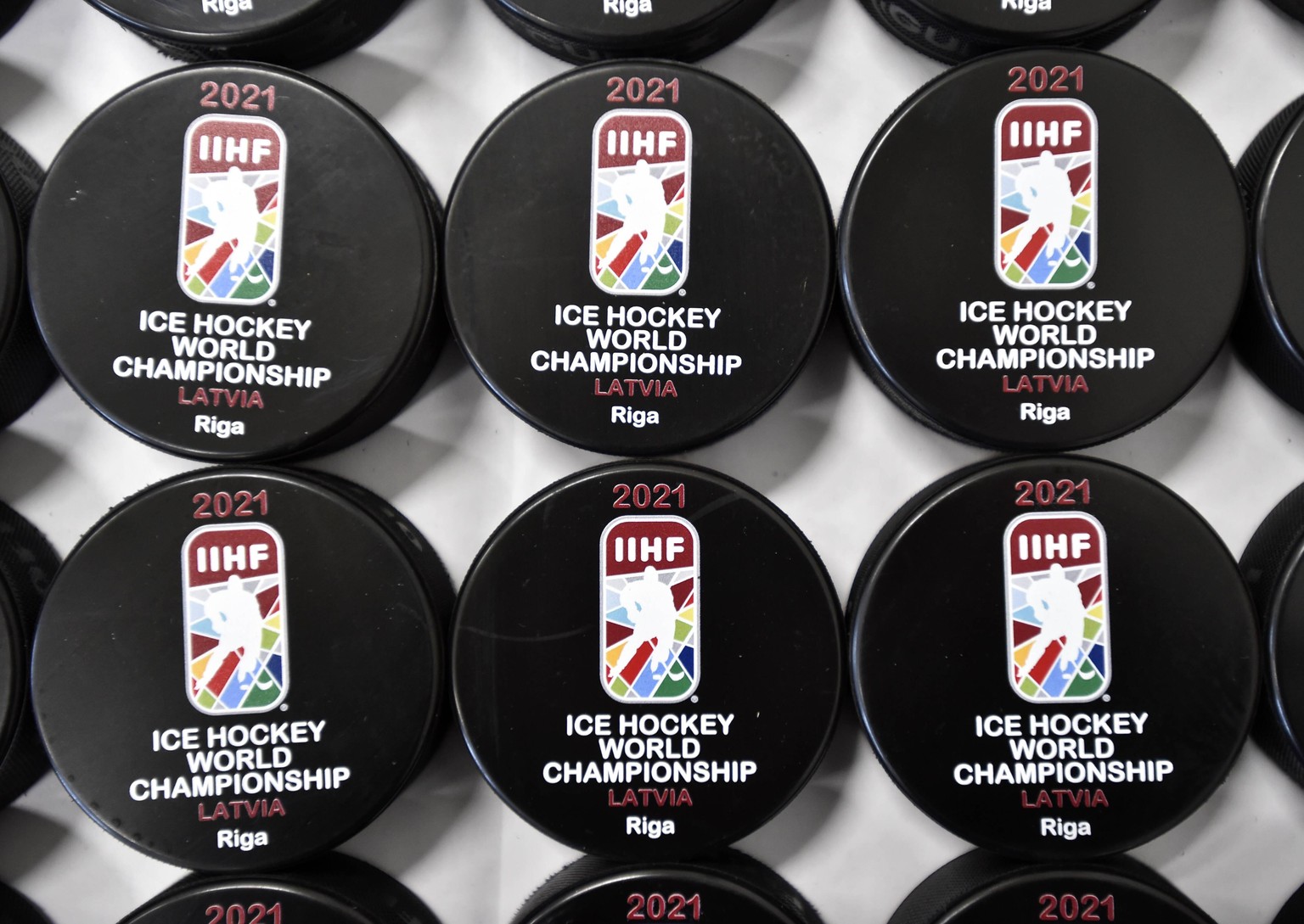 Pucks for the 2021 IIHF Ice hockey, Eishockey World Championship, WM, Weltmeisterschaft Latvia, Riga, are produced in Gufex company in Katerinice, Czech Republic, on March 15, 2021. CTKxPhoto/Daliborx ...