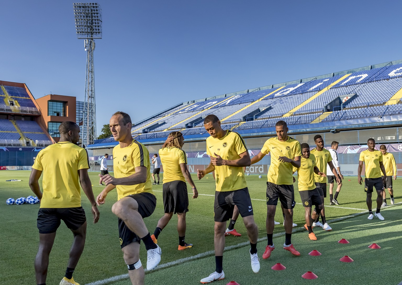 Young Boys&#039; players attend a training session one day prior to the UEFA Champions League football playoff match between Croatia&#039;s GNK Dinamo Zagreb and Switzerland&#039;s BSC Young Boys on M ...