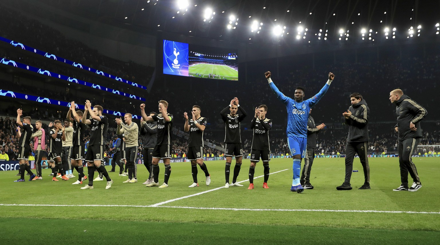 Ajax players celebrate after the final whistle of the Champions League, semifinal first leg soccer match at the Tottenham Hotspur Stadium, London, Tuesday April 30, 2019. Ajax beat Tottenham 1-0. (Mik ...