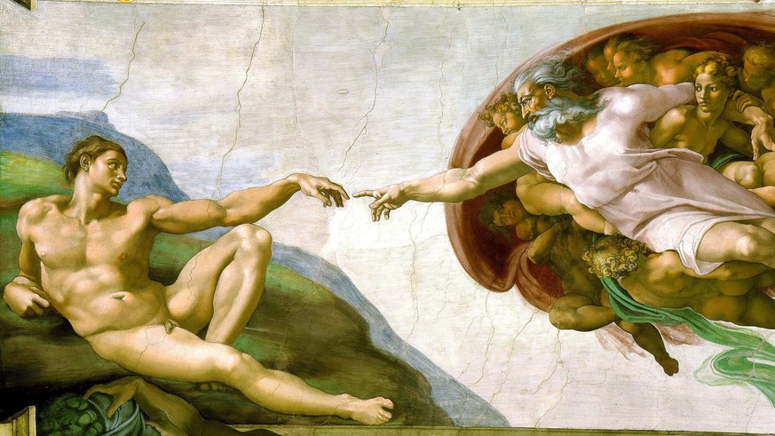 Bild von Gott und Mensch in der Sixtinischen Kapelle von Michelangelo.