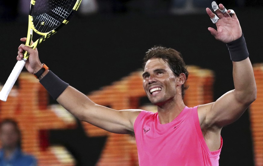 Spain&#039;s Rafael Nadal celebrates after defeating Federico Delbonis of Argentina in second round singles match at the Australian Open tennis championship in Melbourne, Australia, Thursday, Jan. 23, ...