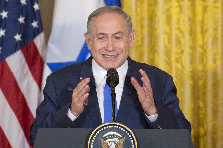 epa05795608 Israeli Prime Minister Benjamin Netanyahu responds to a question from a member of the news media during a joint news conference with US President Donald J. Trump (not pictured) in the East ...