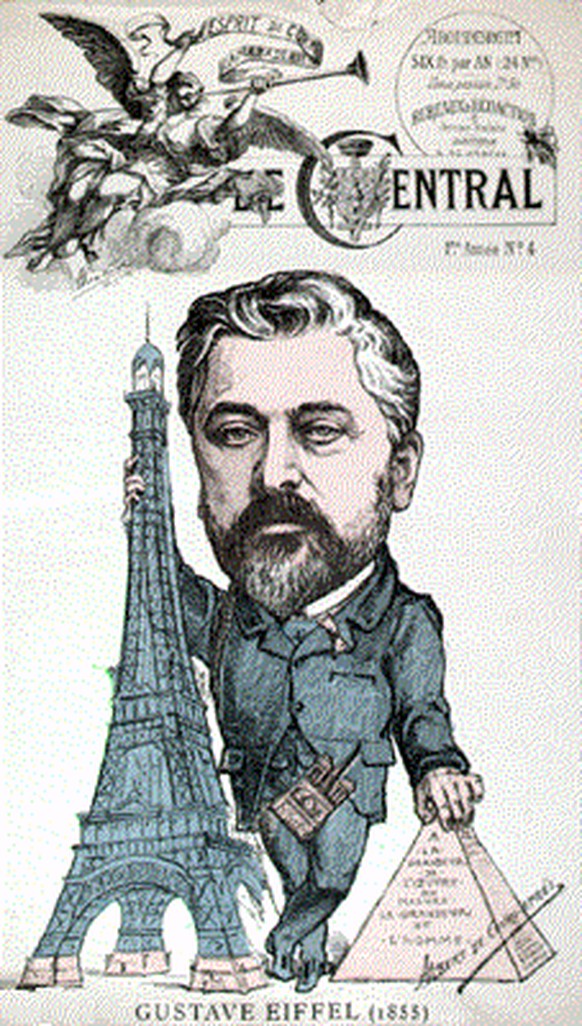 Eine Karikatur von «Le Temps» mit übergrossem Kopf von Gustave Eiffel vom 14. Februar 1887.