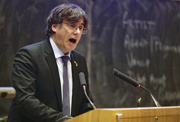 Exiled former president of the Government of Catalonia Carles Puigdemont speaks at Trinity College in Dublin, Ireland, Tuesday Jan. 29, 2019. (Niall Carson/PA via AP)