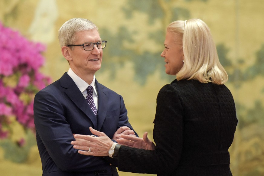 CEO of Apple Inc. Tim Cook, left, talks with Chairwoman, President and CEO of IBM Ginni Rometty before the meeting with Chinese Premier Li Keqiang during China Development Forum at Diaoyutai State Gue ...