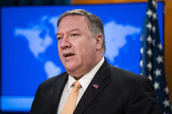 epa07521390 US Secretary of State Mike Pompeo announces the State Department will not renew sanction waivers for countries importing Iranian oil at the State Department in Washington, DC, USA, 22 Apri ...