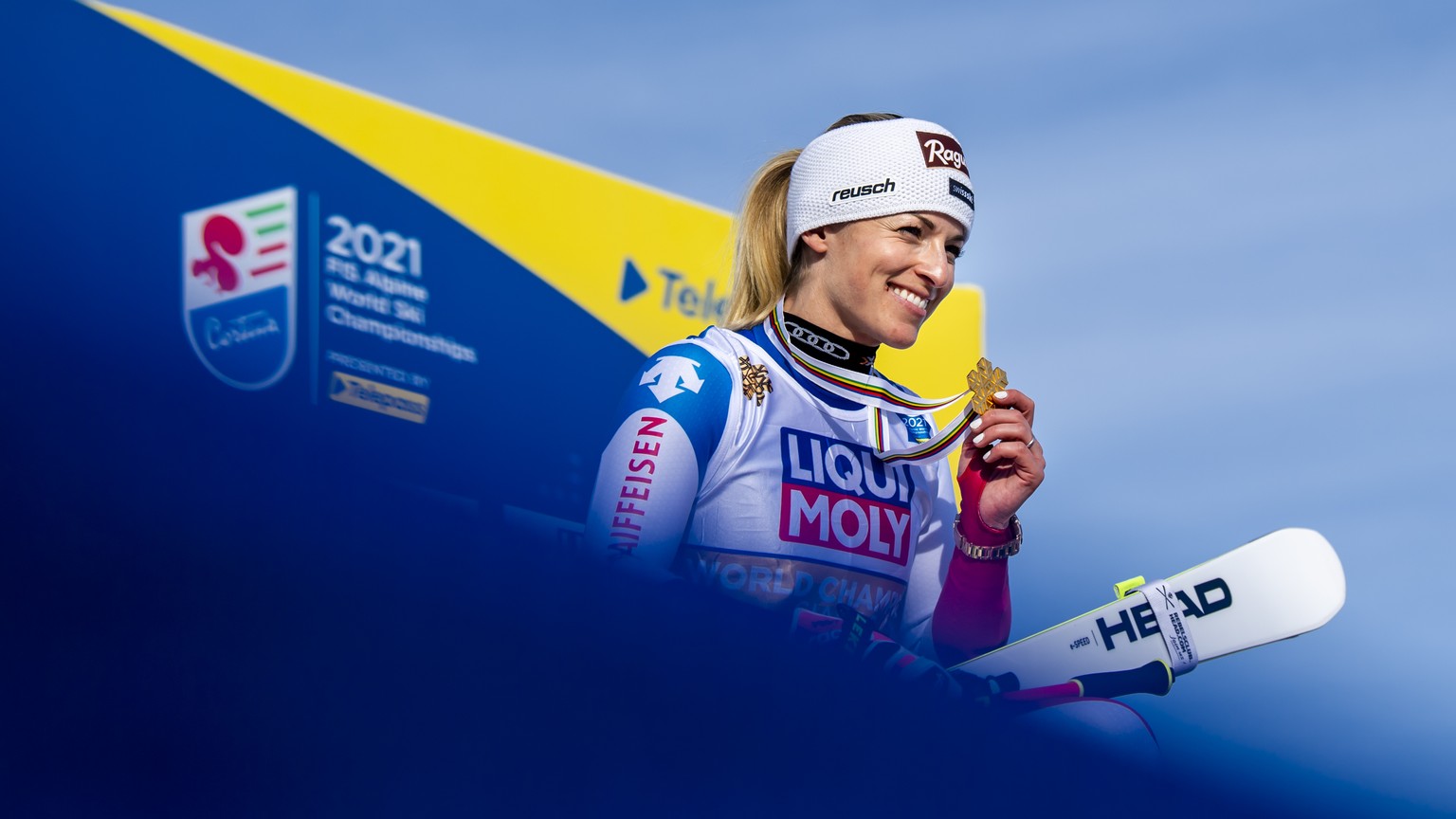 Lara Gut-Behrami of Switzerland celebrates the Gold medal during the medals ceremony of the women&#039;s Giant Slalom race at the 2021 FIS Alpine Skiing World Championships in Cortina d&#039;Ampezzo,  ...
