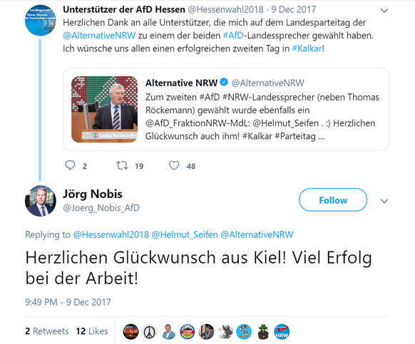 Die «Hessenwahl2018» bedankt sich für die Wahl zum Sprecher der AfD Nordrhein-Westfalen: Der Account von Helmut Seifen wurde umbenannt – ohne sein Wissen, wie er sagt. In der Antwort mit Glückwünschen ...