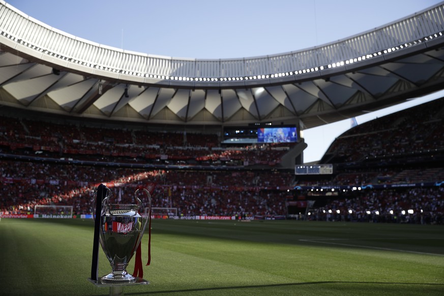 The Champions League trophy in display before the the Champions League final soccer match between Tottenham Hotspur and Liverpool at the Wanda Metropolitano Stadium in Madrid, Saturday, June 1, 2019.  ...